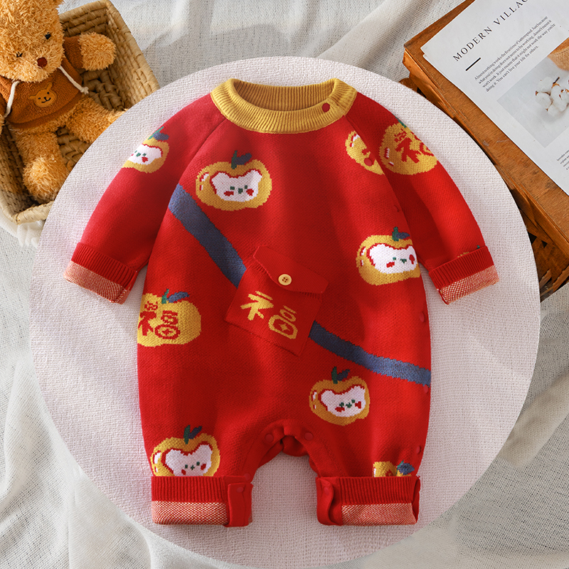 婴儿针织连体衣春秋新生满月宝宝衣服红包中国风可爱男孩女孩红色