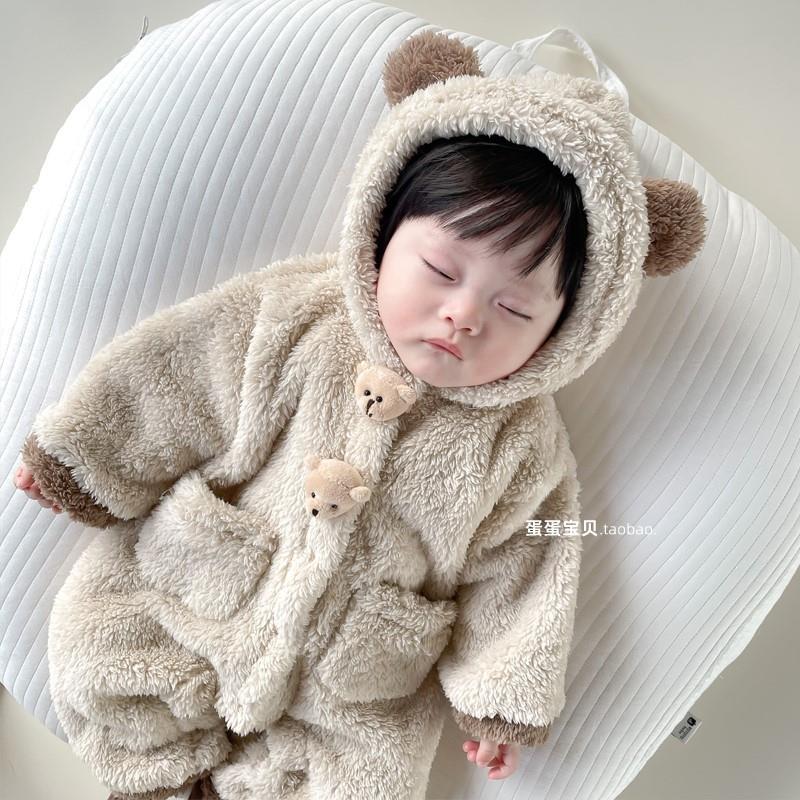 新生婴儿衣服秋冬装加绒连体外出抱衣可爱超萌毛毛衣宝宝冬季冬天