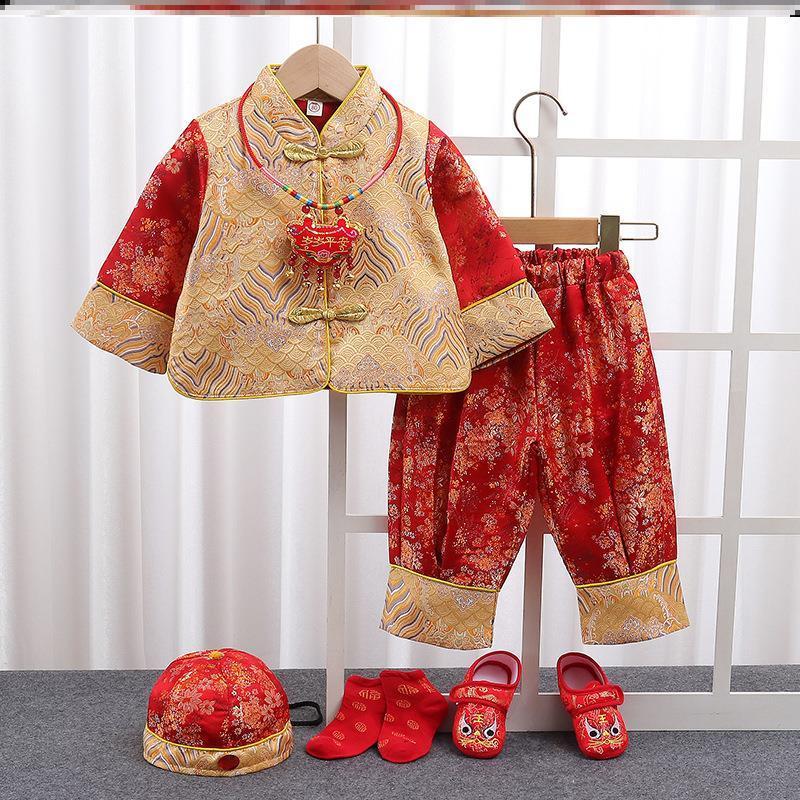 定制2024年拜年服婴儿过年加厚红色连身衣男女宝宝周岁秋冬装喜庆