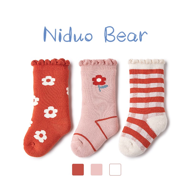 婴儿袜子秋冬季纯棉加厚保暖宝宝中筒袜加绒毛圈儿童女童袜
