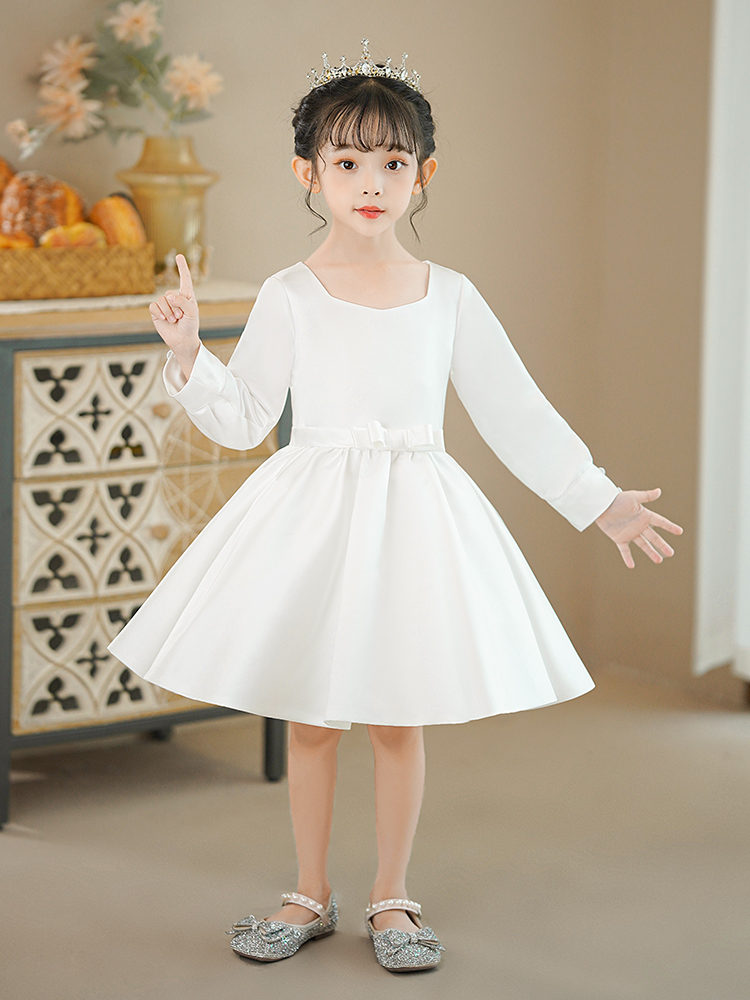 花童公主裙白色秋冬加绒女孩长袖儿童钢琴演出服婚礼生日女童礼服