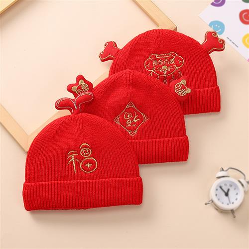 婴儿帽子中国风针织帽0-3-6个月满月帽宝宝保暖胎帽秋冬保暖帽