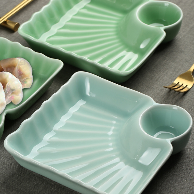青瓷饺子盘创意薯条小吃四方盘子家用陶瓷餐具儿童早餐盘可放蘸料