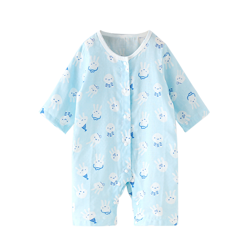 婴儿薄款连体衣夏季睡衣空调服长袖宝宝衣服纯棉婴幼儿纱布护肚薄