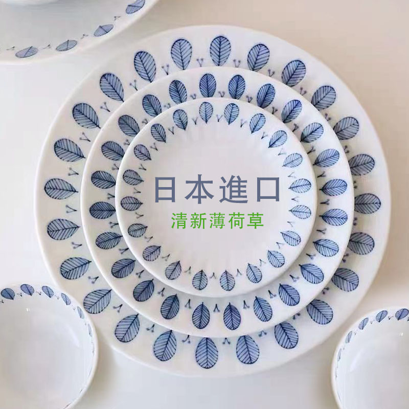 日本进口新款美浓烧轻薄陶瓷薄荷叶子日式家用餐盘浅盘米饭碗套装