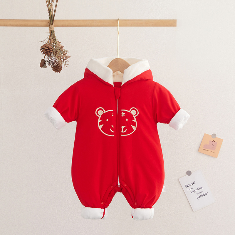 婴幼儿连体衣婴儿冬季帽爬服加厚红色过年服宝宝百日哈衣保暖棉袄