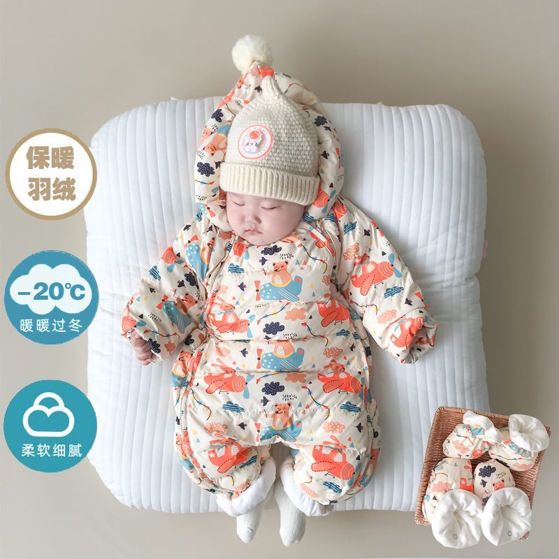 新生婴儿羽绒服连体衣冬季加厚外出一岁宝宝冬天衣服0-6个月冬装3