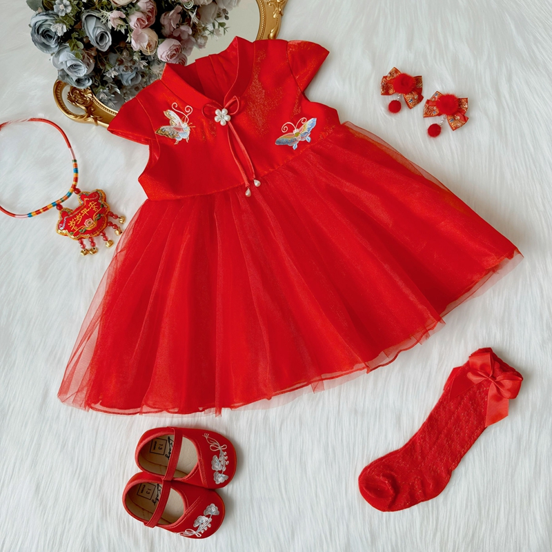 宝宝一周岁宴礼服女宝宝夏季中式连衣裙婴儿抓周红色小公主裙洋气