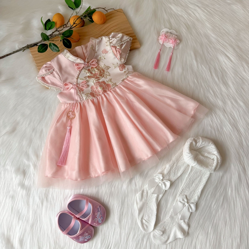 一周岁礼服女宝宝夏季中式旗袍抓周宴连衣裙婴儿女宝粉色小公主裙