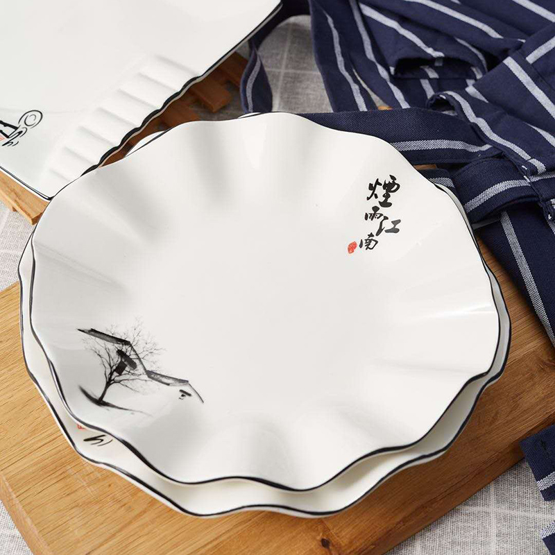 买10送1家用菜盘子陶瓷中国风餐具荷叶盘方形炒菜盘防烫加厚瓷盘