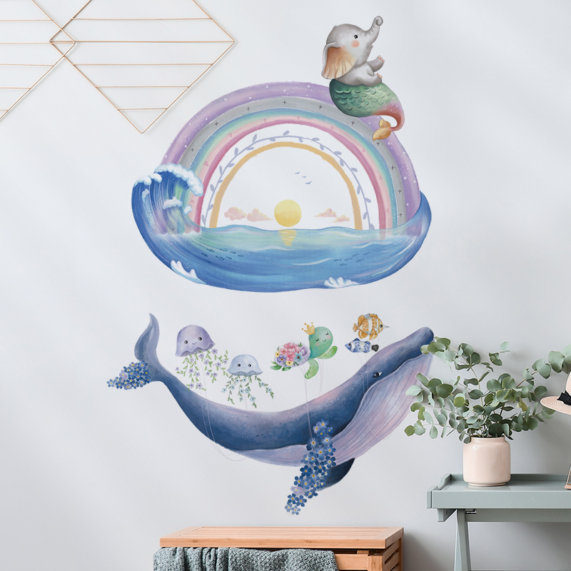 卡通儿童房间动物墙壁贴纸防水自粘彩虹鲸鱼小象创意布置卧室墙面