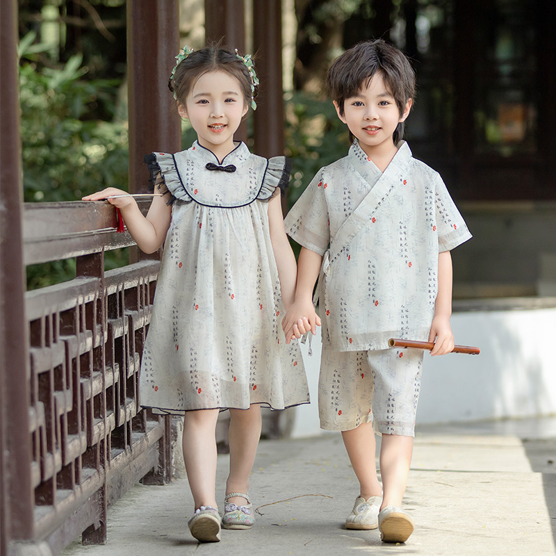 男童汉服儿童新中式唐装短袖套装夏季女童旗袍裙幼儿园六一表演服