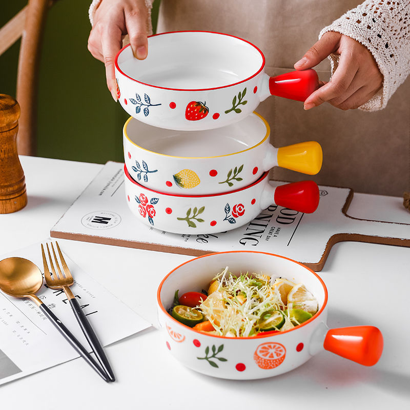 手柄碗烤盘陶瓷带手柄餐具网红烘焙焗家用日式创意烤箱泡面圆形盘