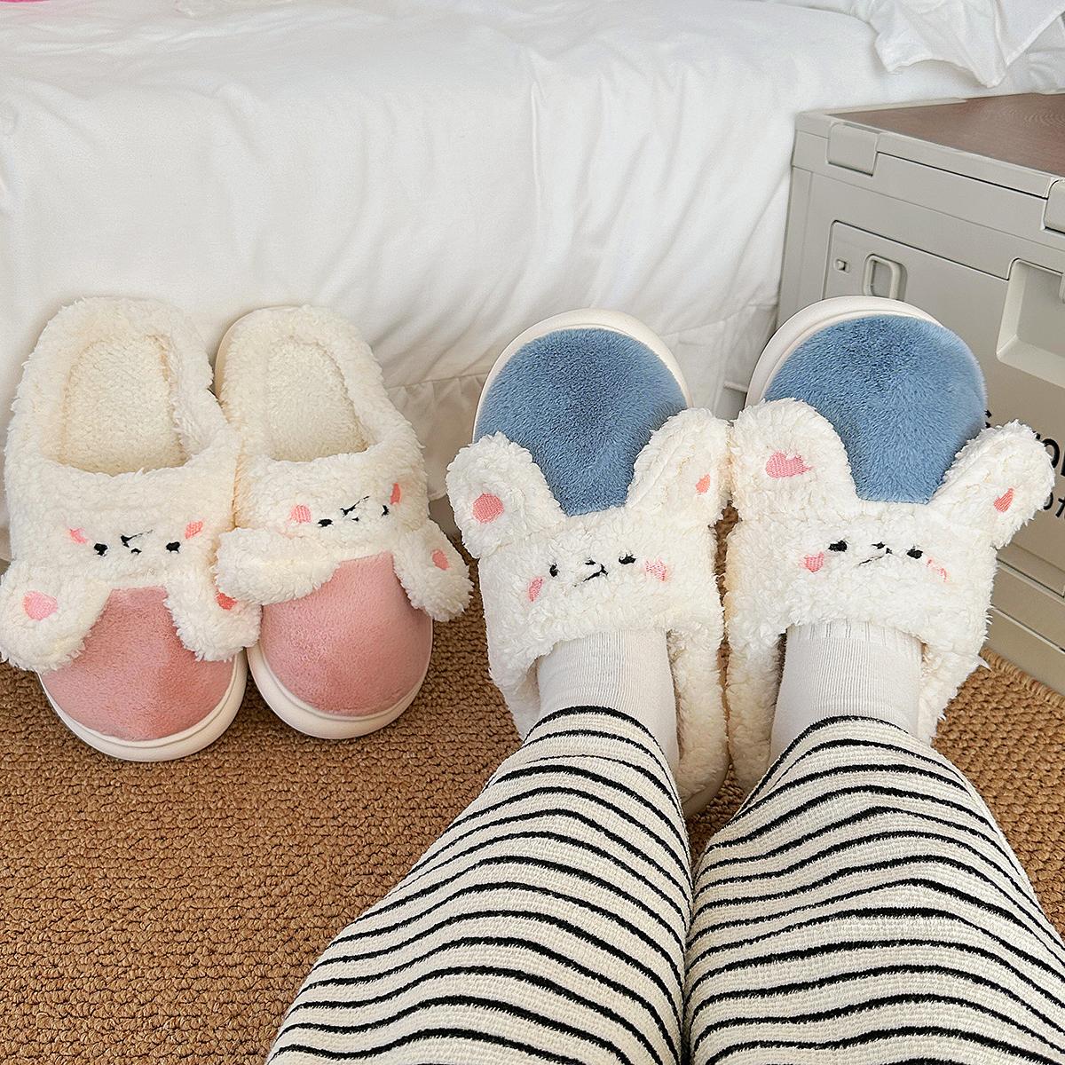 可爱兔子拼色棉鞋男女冬季室内半包跟毛毛鞋保暖棉拖月子鞋居家鞋