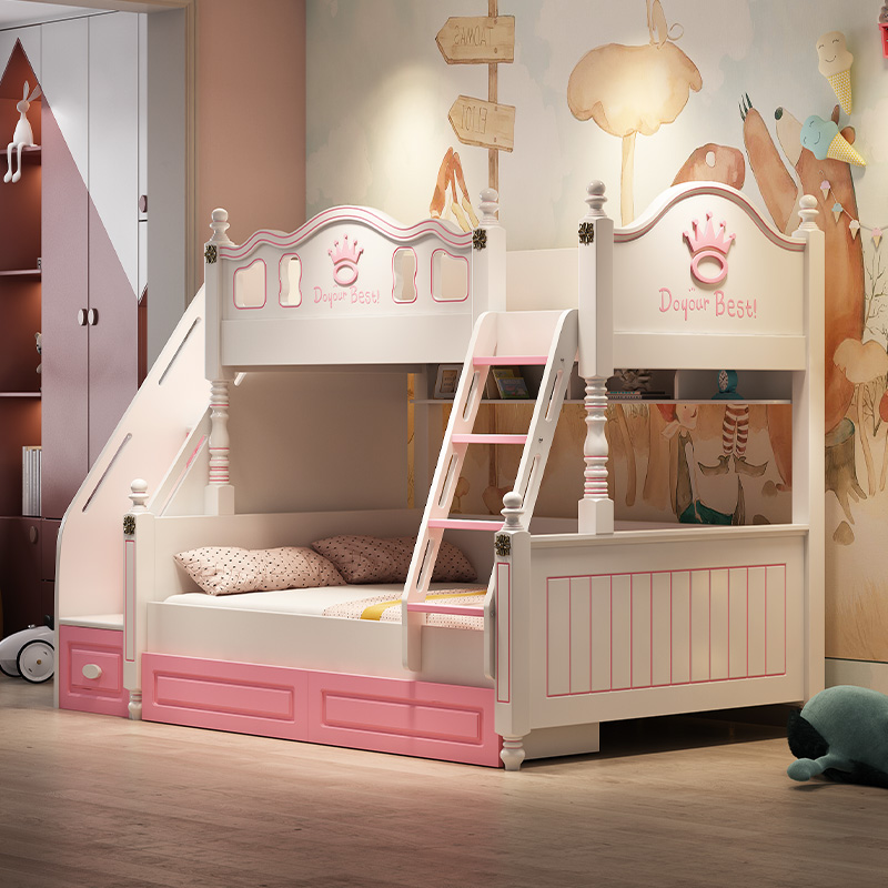 公主床网红床高低子母床双层上下铺木床粉色女孩两层实木儿童