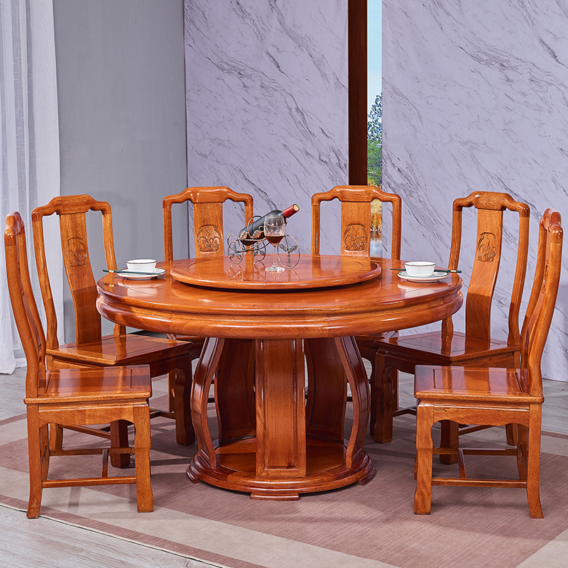 红木餐桌椅组合金花梨Q圆型菠萝格雕花实木家用新中式古典家具饭