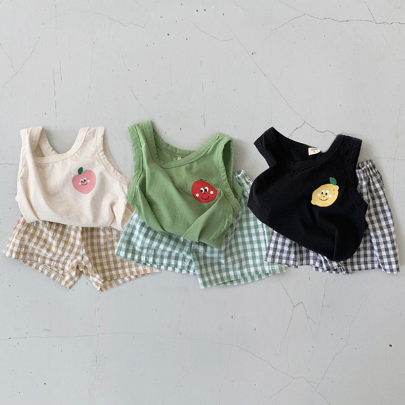 ins2024夏新款韩版婴儿薄棉无袖套装宝宝柠檬背心格子短裤两件套