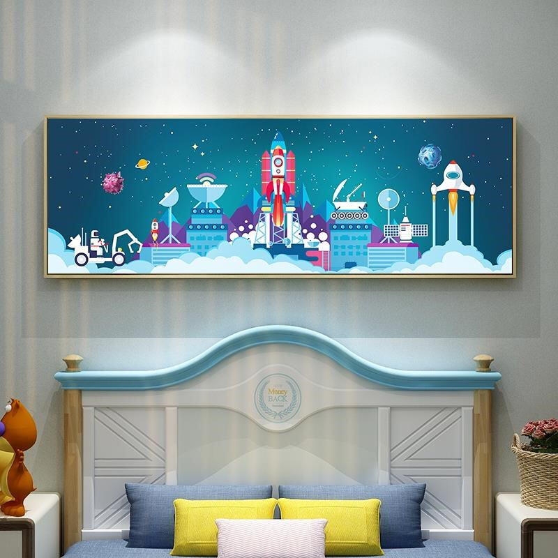 起贝天空宇航员装饰画卡通儿童房背景墙挂画男孩卧室床头壁画横版