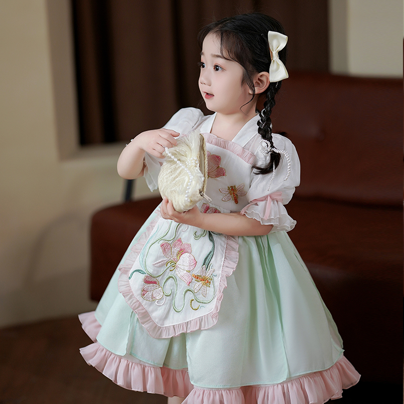 女童洛丽塔公主裙夏季超仙荷花刺绣甜美女宝中国风儿童汉服连衣裙
