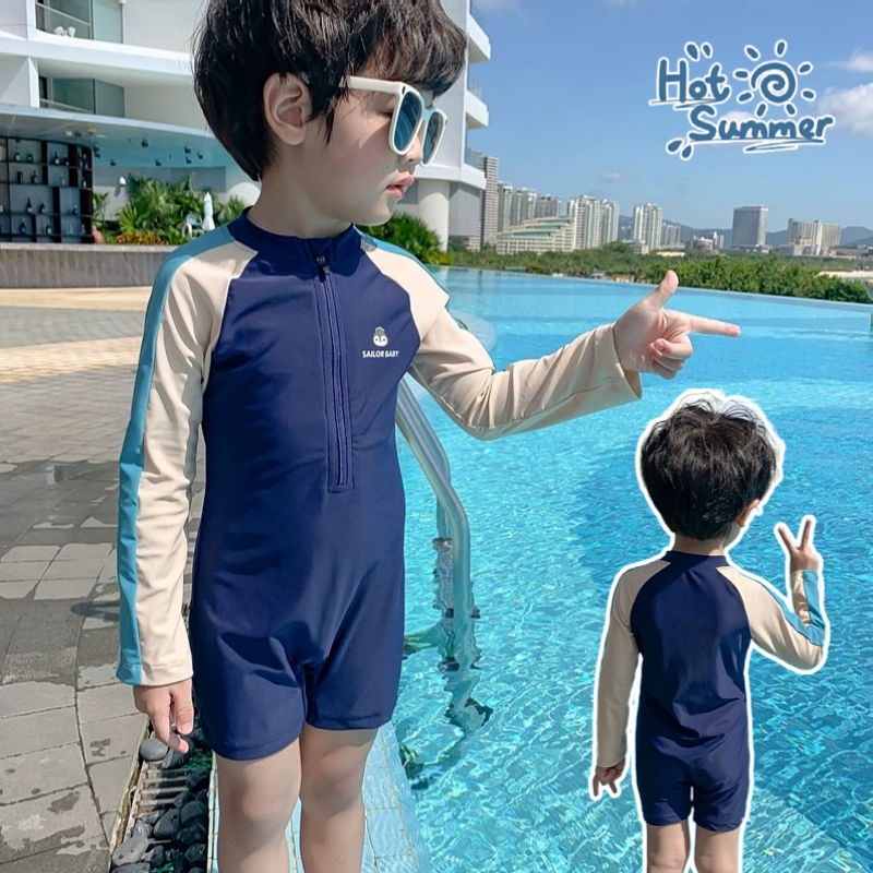 帅气儿童泳衣男童2024新款连体长袖速干舒适透气海边度假游泳套装