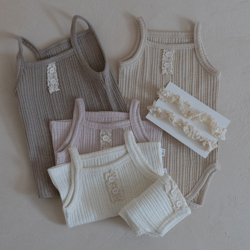 韩国进口婴儿薄款针织吊带连体衣女宝背心短裤家居服套装PEEKABOO