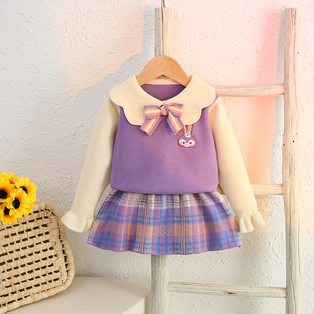 女童毛衣套装2023春秋新款洋气小女孩针织两件套刺绣蝴蝶结套装裙