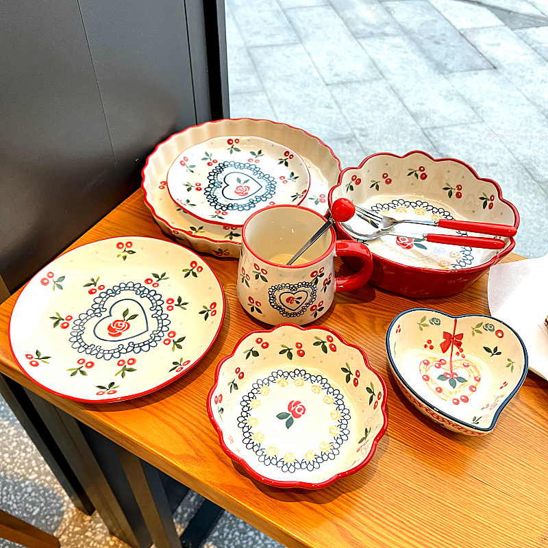 复古陶瓷樱桃小碗早餐沙拉碗水果甜品碗网红可爱儿童家用餐具盘子