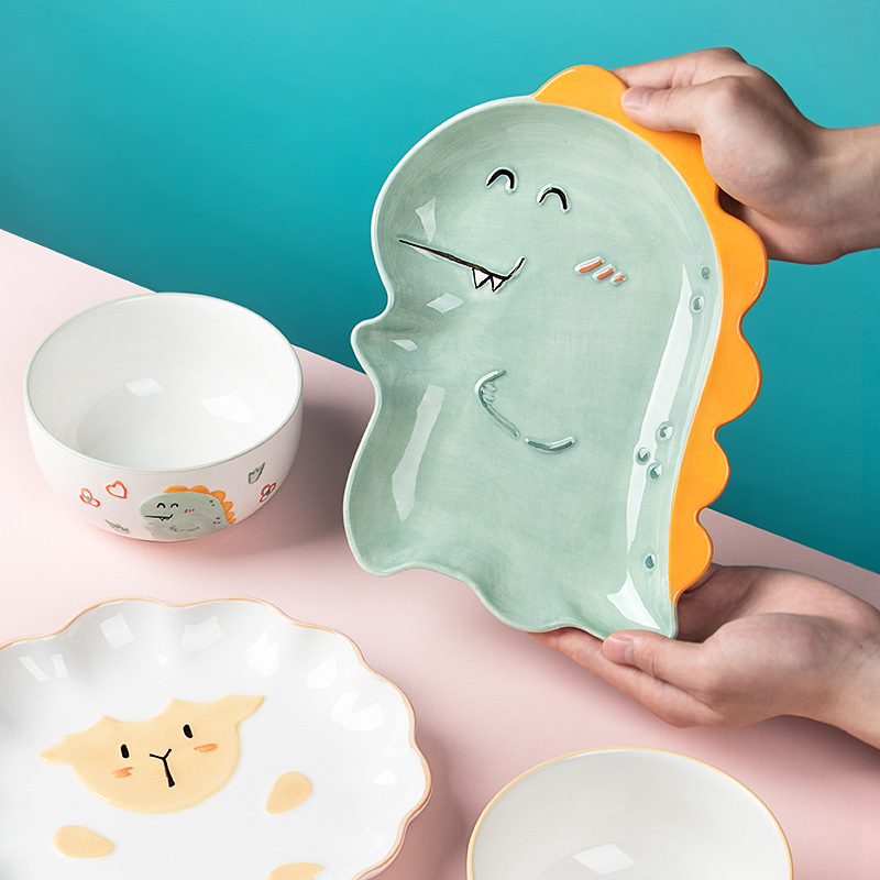 釉下彩可爱动物餐具家用创意菜盘宝宝儿童餐盘陶瓷卡通早餐碗盘子