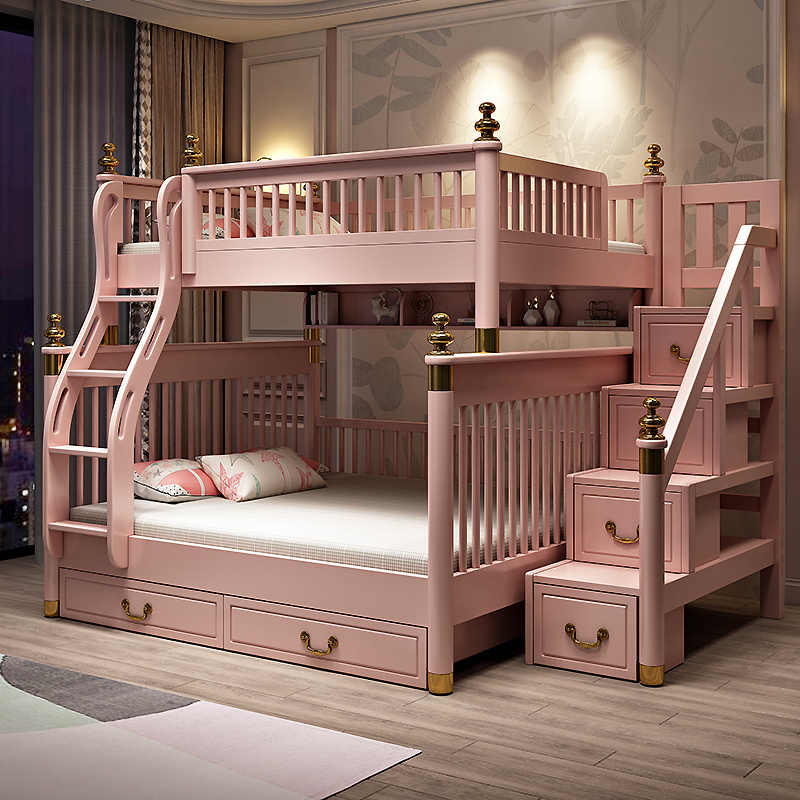 全实木女孩上下床双层床轻奢公主上下铺高低床1.8米浅粉色女童床m