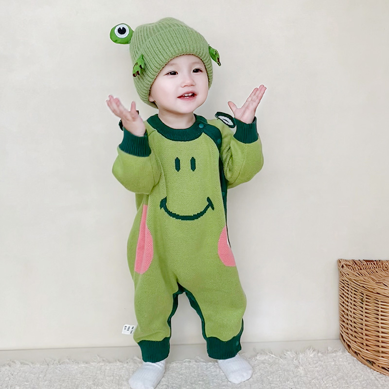 婴儿毛衣婴童卡通可爱蛙蛙针织开衫连体衣外出服套装满月周岁爬服