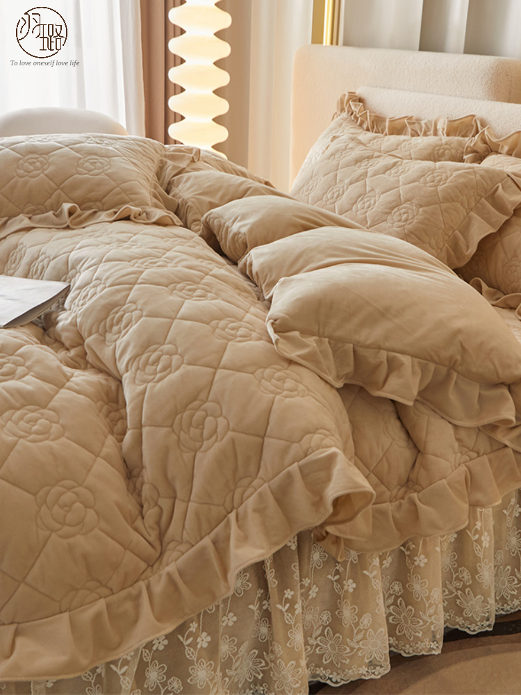 冬季保暖婴儿绒加厚全套夹棉四件套床裙式床罩牛奶绒花边床单被套