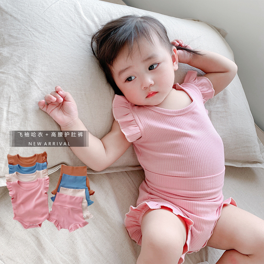 韩国新生婴儿连体哈衣夏女宝宝木耳边背心包屁衣高腰护肚短裤套装