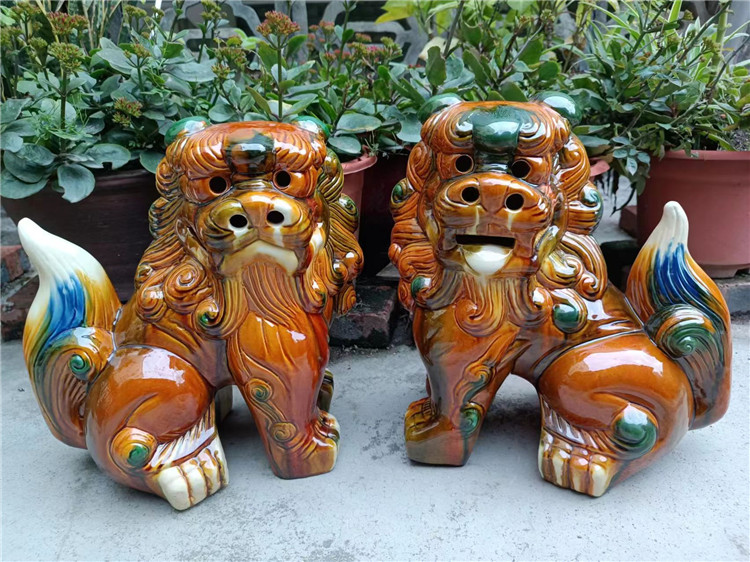 12寸陶瓷狮子摆件  唐三彩色釉吉祥对狮 家居客厅园林工艺装饰品