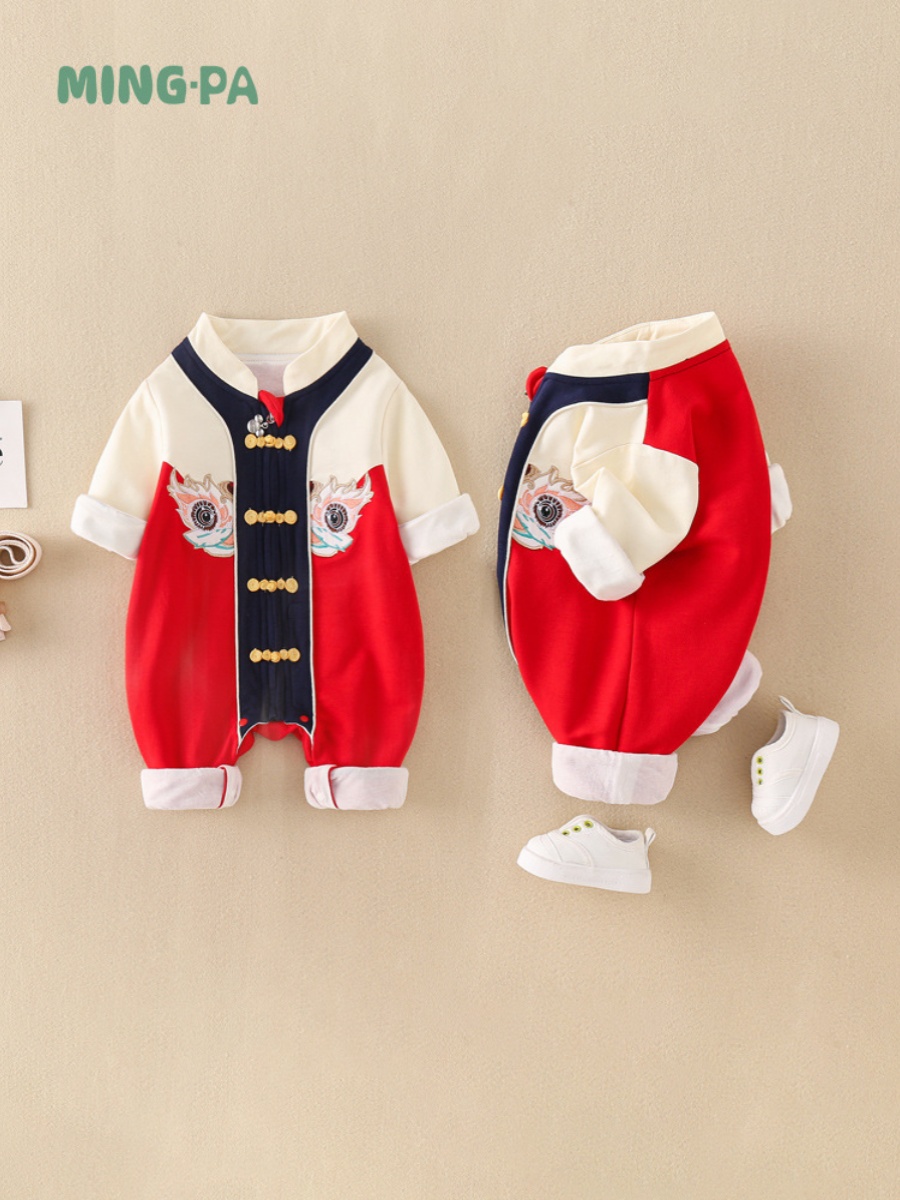 定制婴儿短袖连体衣男宝宝中国风新年衣服喜庆红色满月过年拜年女