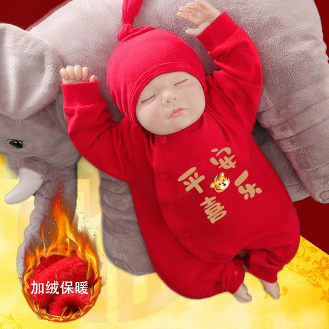 婴儿衣服春秋冬装新款加绒加厚可爱红色满月服长袖男女宝宝连体衣