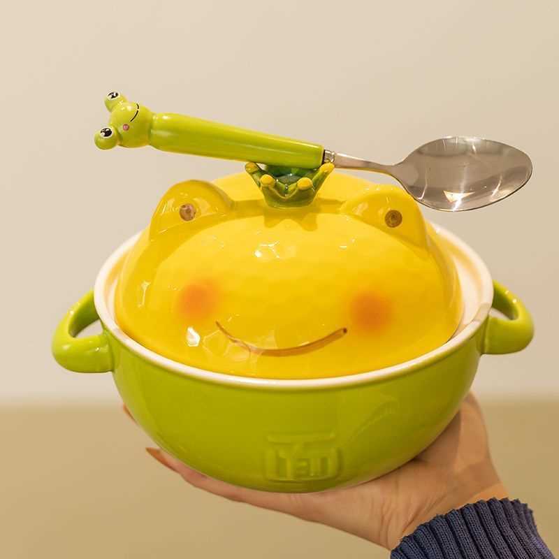 青蛙陶瓷泡面碗日式双耳大号汤碗带盖大容量学生宿舍家用吃包邮