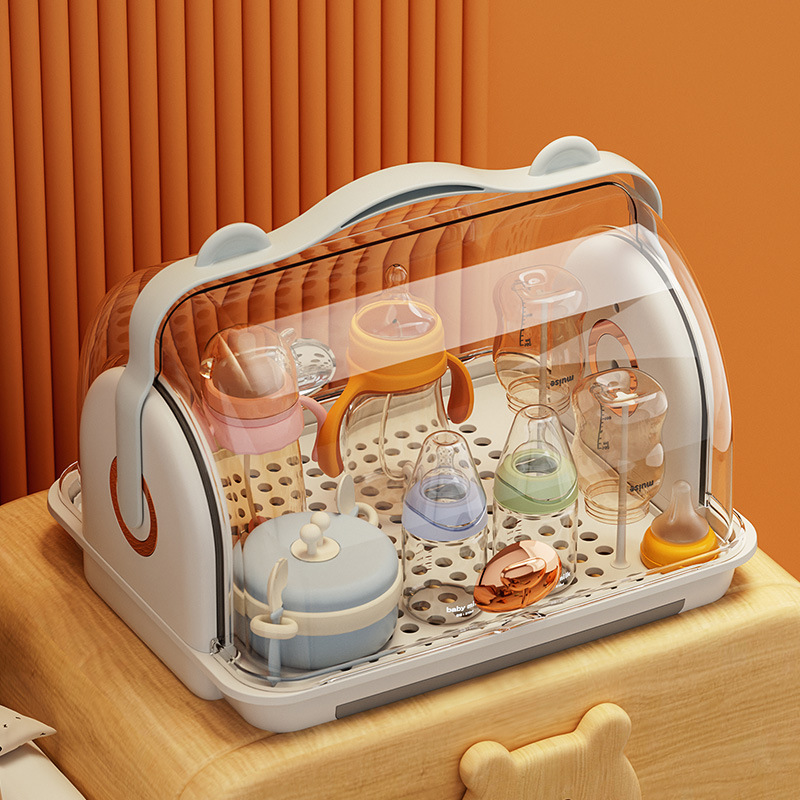 婴儿奶瓶收纳箱带盖防尘水杯沥水置物架宝宝碗筷储存盒餐具收纳盒