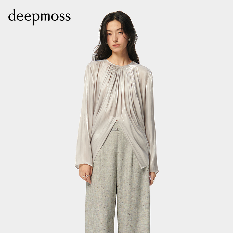 【deepmoss】2024春夏新款女装时尚休闲优雅水泽圆领开叉荡褶上衣