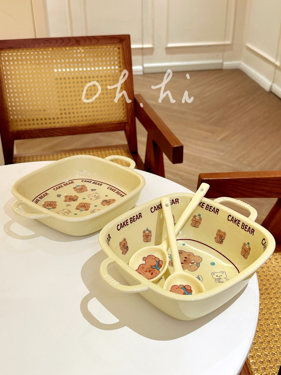 小陶器韩式ins复古奶油小熊陶瓷餐具家用餐盘米饭碗早餐盘双耳碗