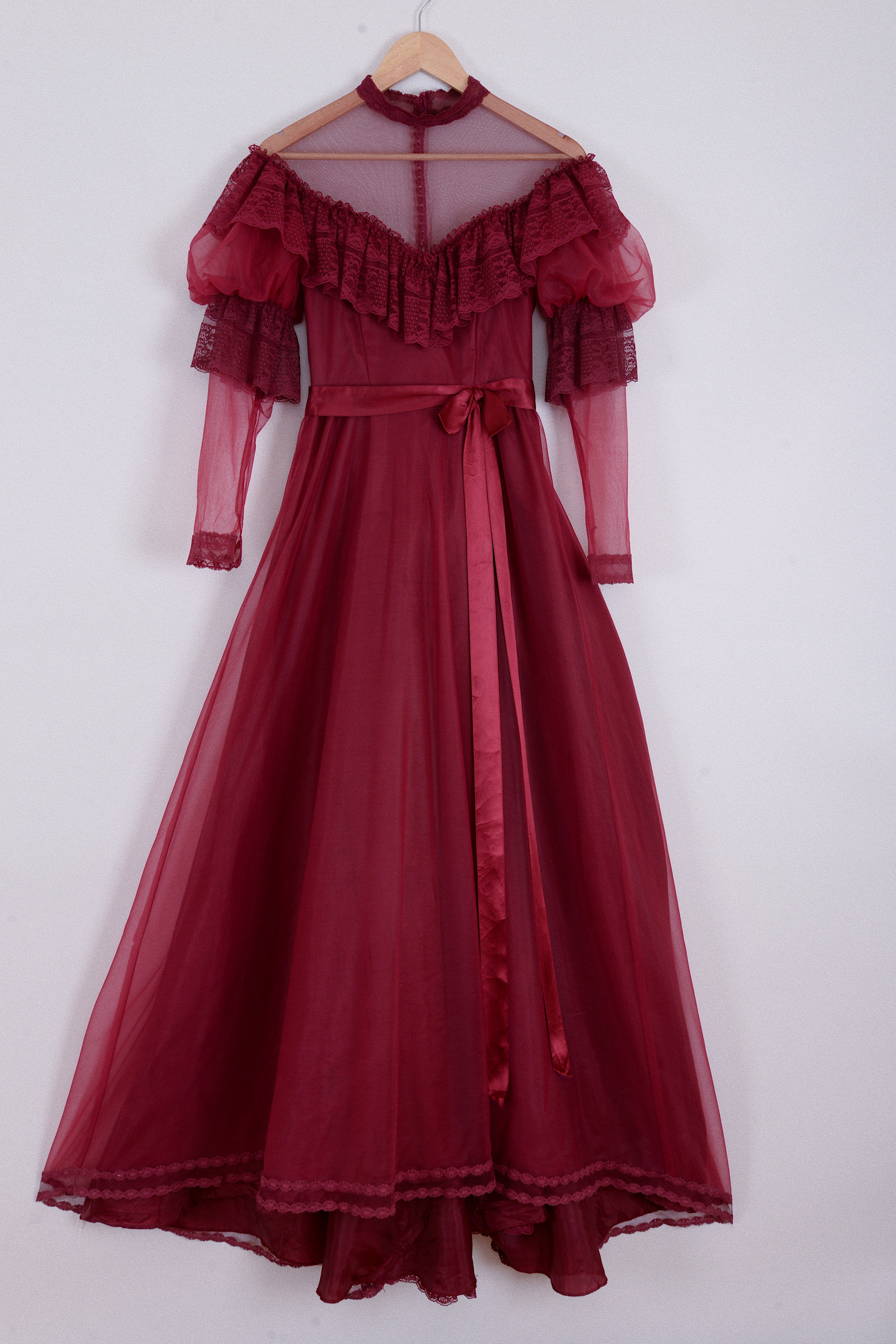 葡萄酒红色 超美礼服/1970s USA制 双层泡泡袖蕾丝倒三角领