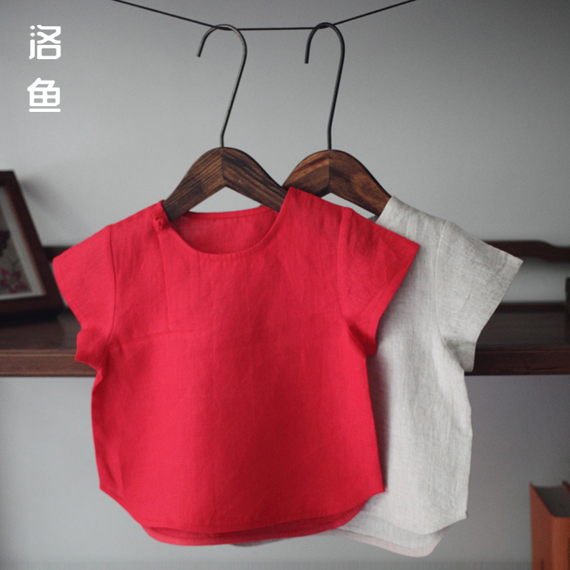 儿童短袖T恤手工男女童婴儿中国风夏季纯亚麻薄款大红色童装汉服