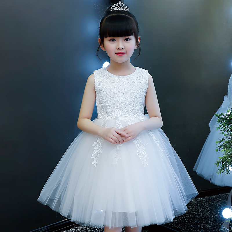 女童公主裙儿童婚纱夏季女孩六一小主持人礼服蓬蓬纱裙白色演出服