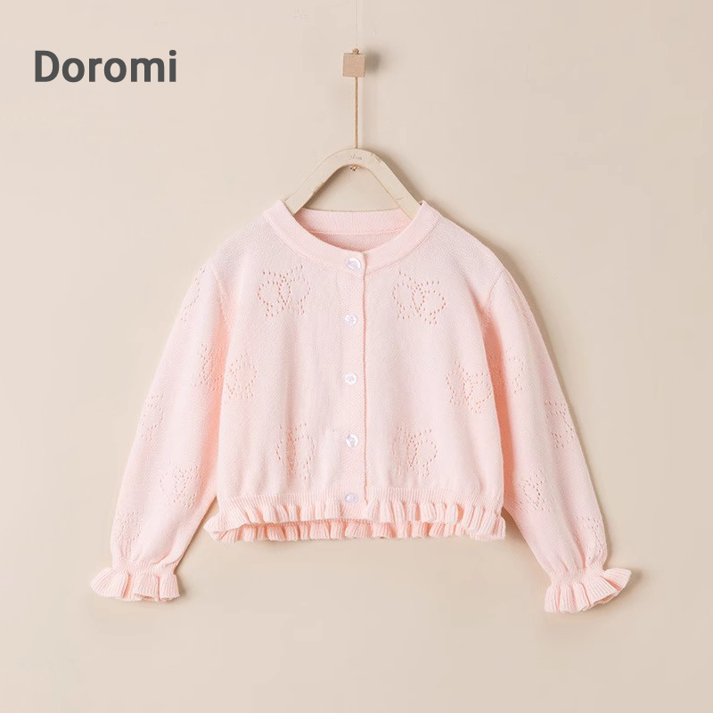 Doromi春夏女童宝宝纯棉薄款粉色透气泡泡长袖针织开衫空调衫外套