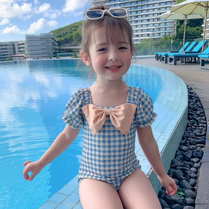 儿童泳衣女孩女童洋气泳装2023新款夏宝宝连体可爱格子公主游泳衣