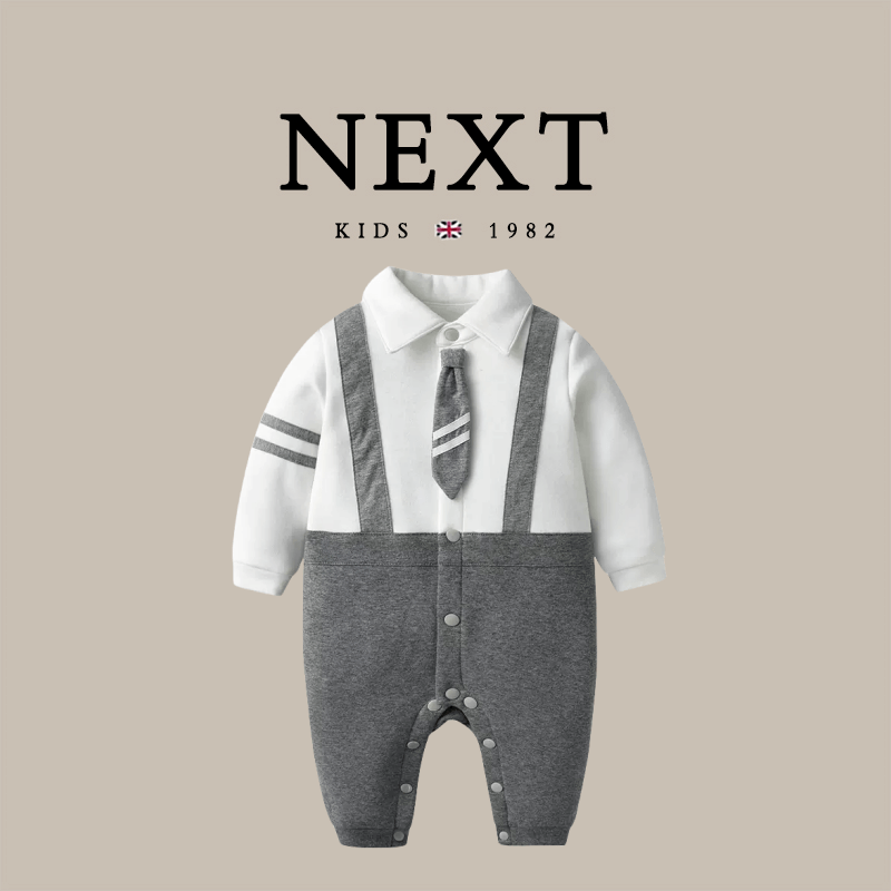英国next男宝宝绅士领带假两件加绒连体衣满月周岁婴儿秋冬爬爬服