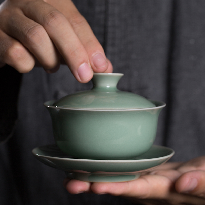 龙泉窑青瓷手工高档三才盖碗大号茶杯单个陶瓷功夫茶具纯色泡茶碗