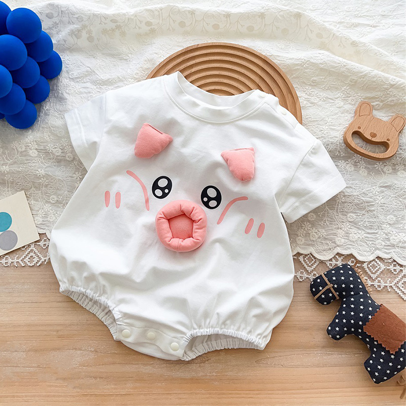 新生儿女婴儿短袖薄款可爱卡通小猪包屁衣服夏装宝宝三角哈衣夏季