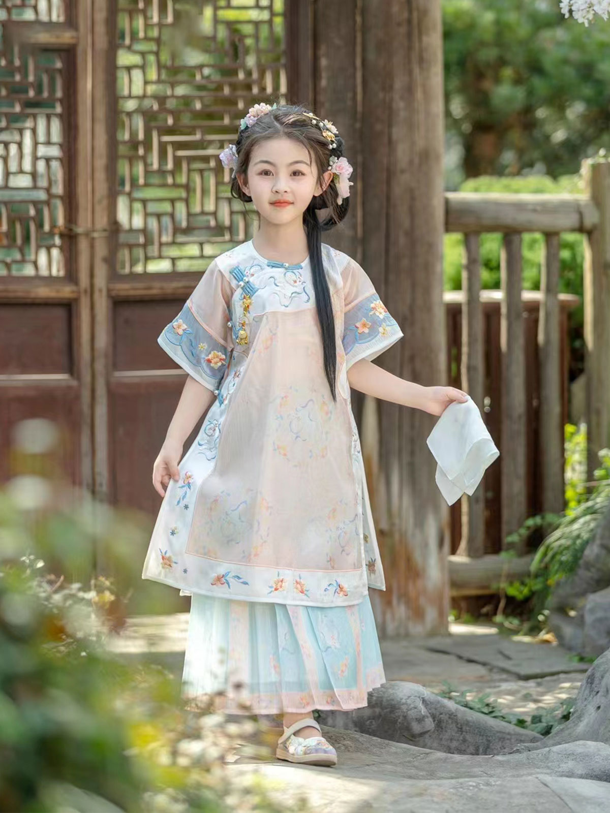 伊娃布衣夏季新款高端汉服女童格格服旗袍短袖中国古风轻薄儿童装