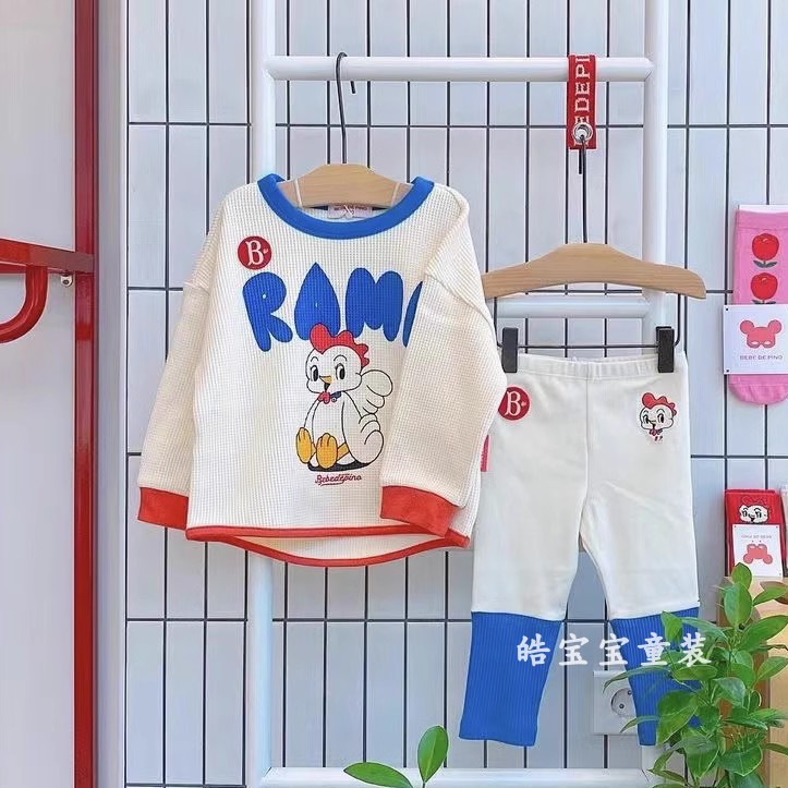 【清】韩国童装婴儿宝男女童华夫格小鸡T恤打底裤套装现货发4063