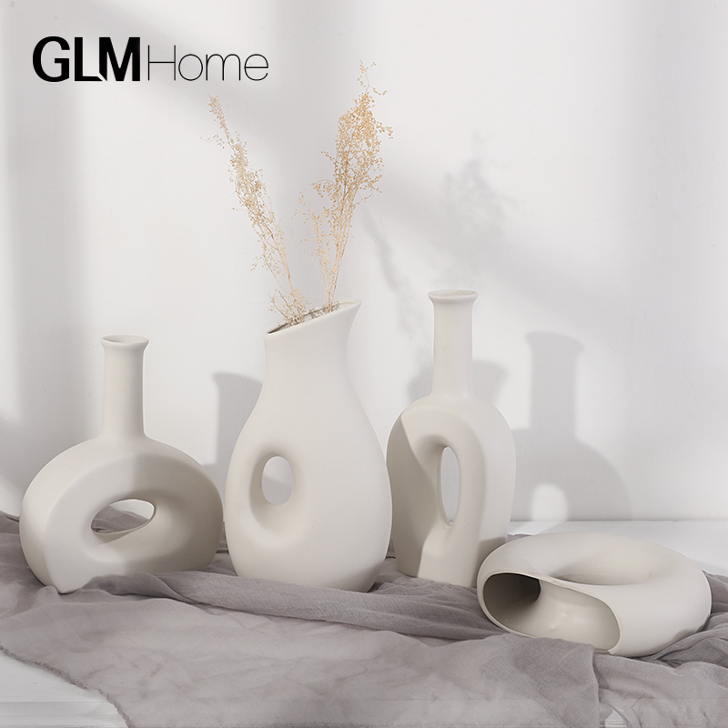 创意北欧简约白色陶瓷花瓶摆件现代客厅酒柜装饰品异形干花插花器
